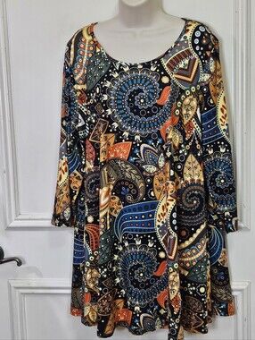 ENMAIN Orange/Blue Multi-Color Paisley Swing Tunic Top, Size 2XL